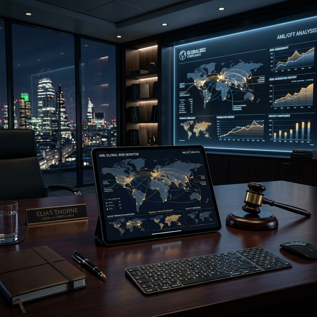 Anti-Money Laundering compliance dashboard showing secure global transactions and legal compliance scale