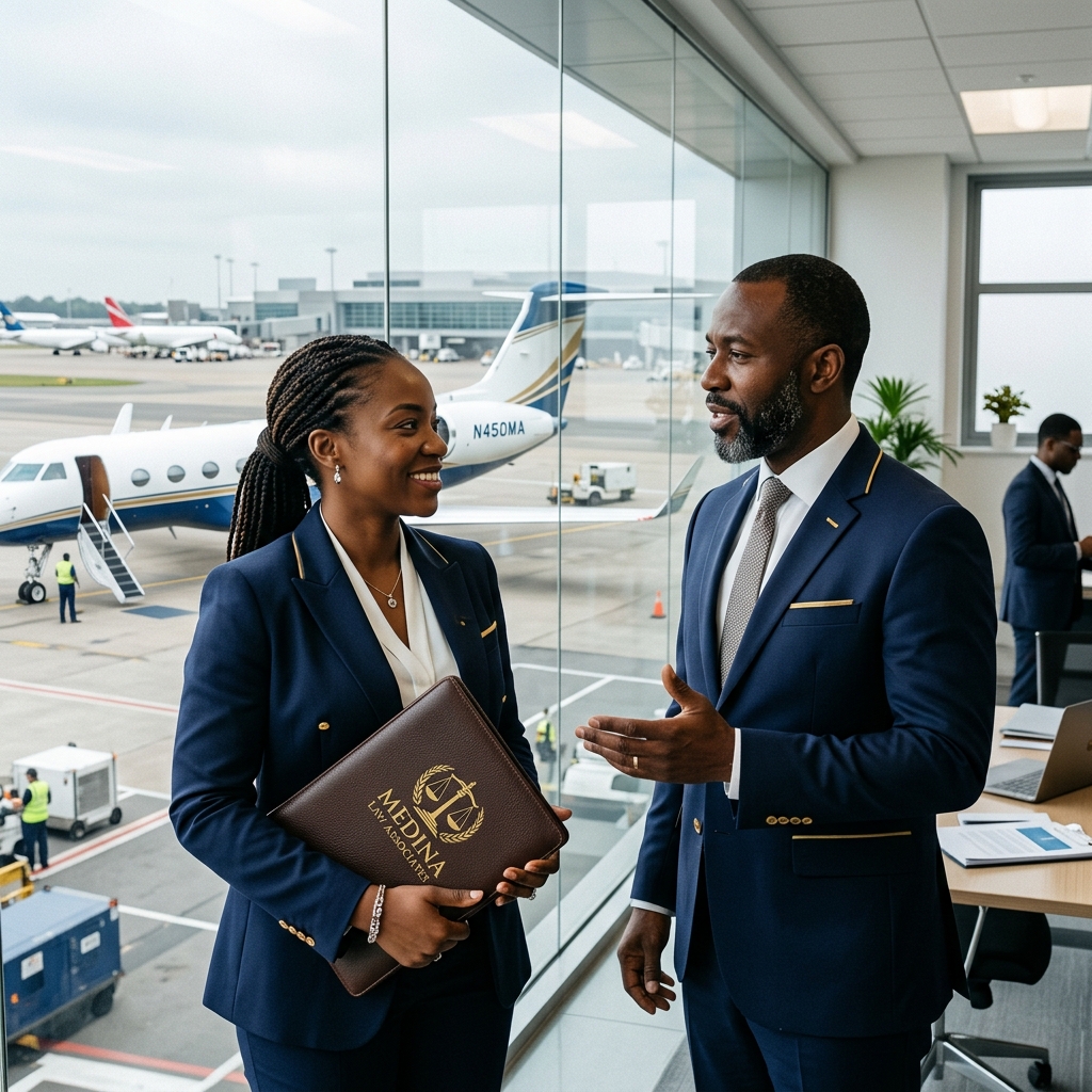 Black African aviation legal team advising on aircraft dry lease and NCAA certification compliance, featuring Medina Law Associates folder