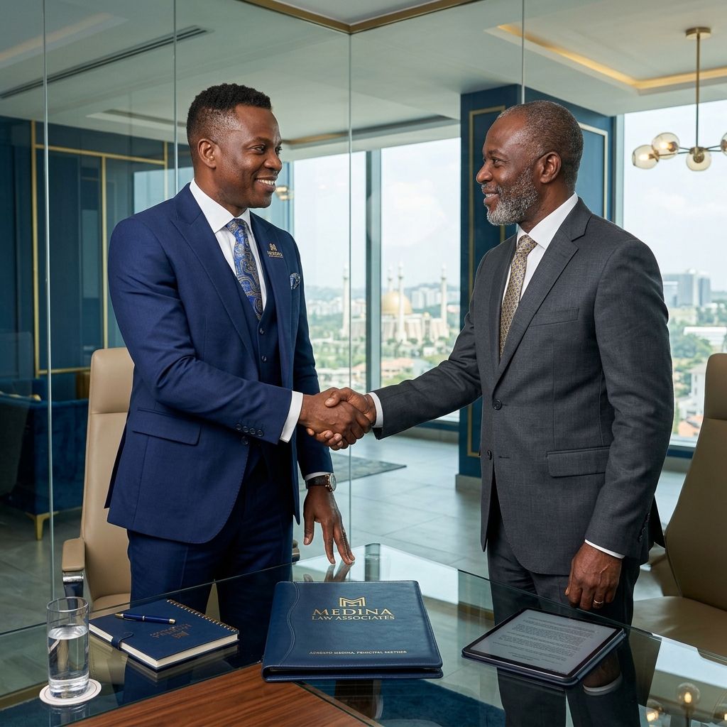 Black African male attorney shaking hands with a client in a modern Abuja boardroom, featuring Medina Law Associates folder