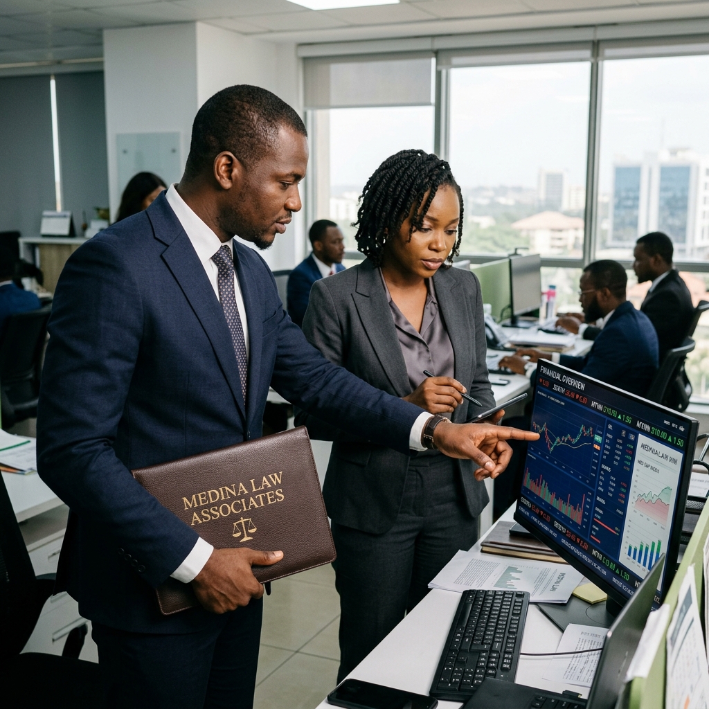 Black African legal and financial team preparing SEC public offering documents and prospectus details, featuring Medina Law Associates folder