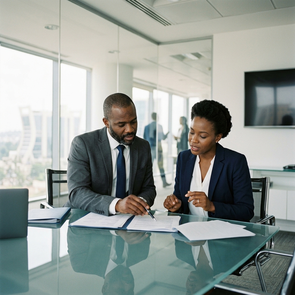 Premium corporate law firm boardroom with mahogany table overlooking modern high-rise cityscape