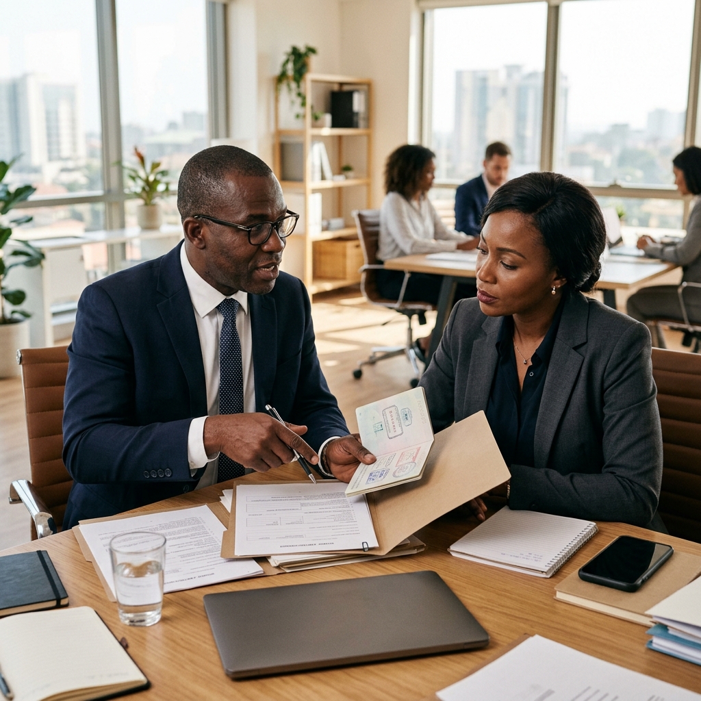 Black African male immigration lawyer showing visa and work permit files to a client in Abuja office, featuring Medina Law Associates folder
