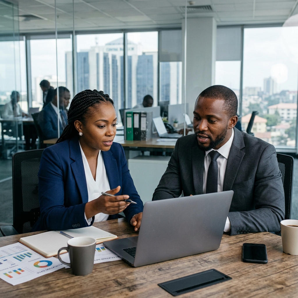 Black African financial legal advisors discussing venture capital fund allocations in Abuja office, featuring Medina Law Associates folder