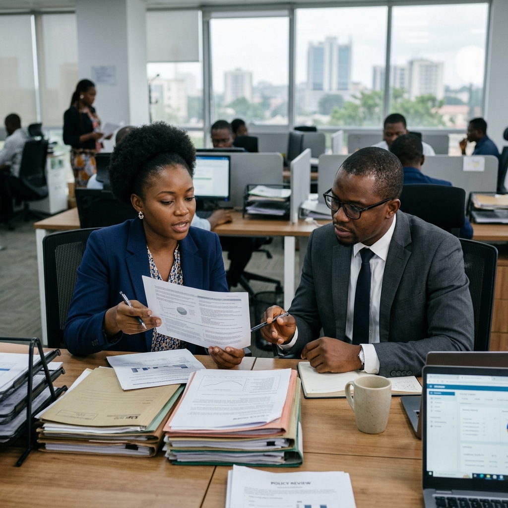 Black African legal consultants in boardroom reviewing insurance policies and claims documents, featuring Medina Law Associates folder