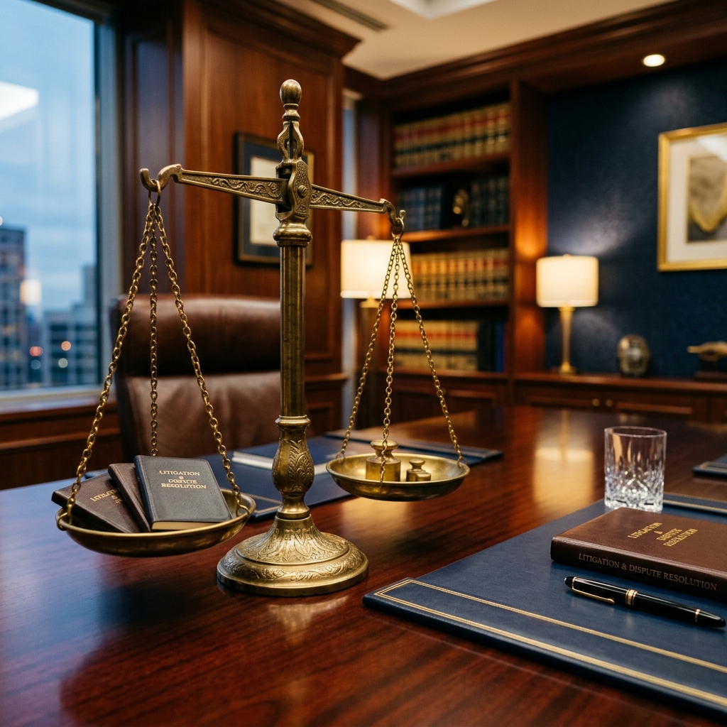Polished brass scale of justice on corporate law firm conference table showing litigation defense theme
