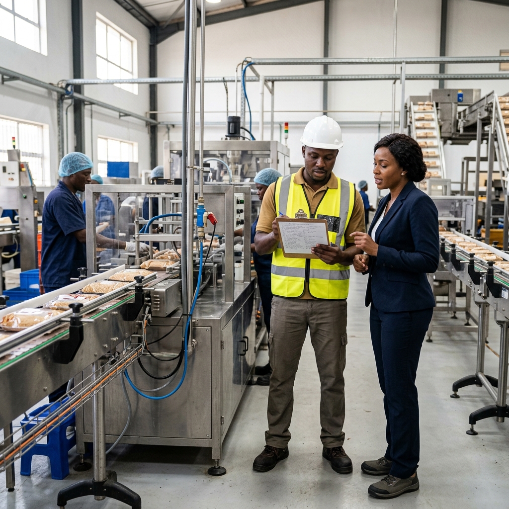 Black African manufacturing consultants and legal advisors reviewing factory layout planning and SON certification papers, featuring Medina Law Associates folder