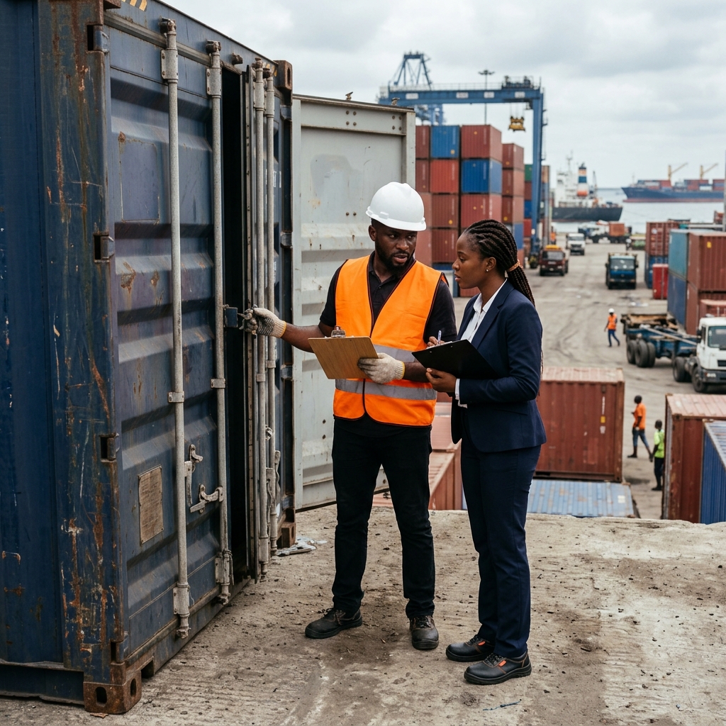 Black African maritime legal team reviewing shipping cargo claims and vessel log documents, featuring Medina Law Associates folder