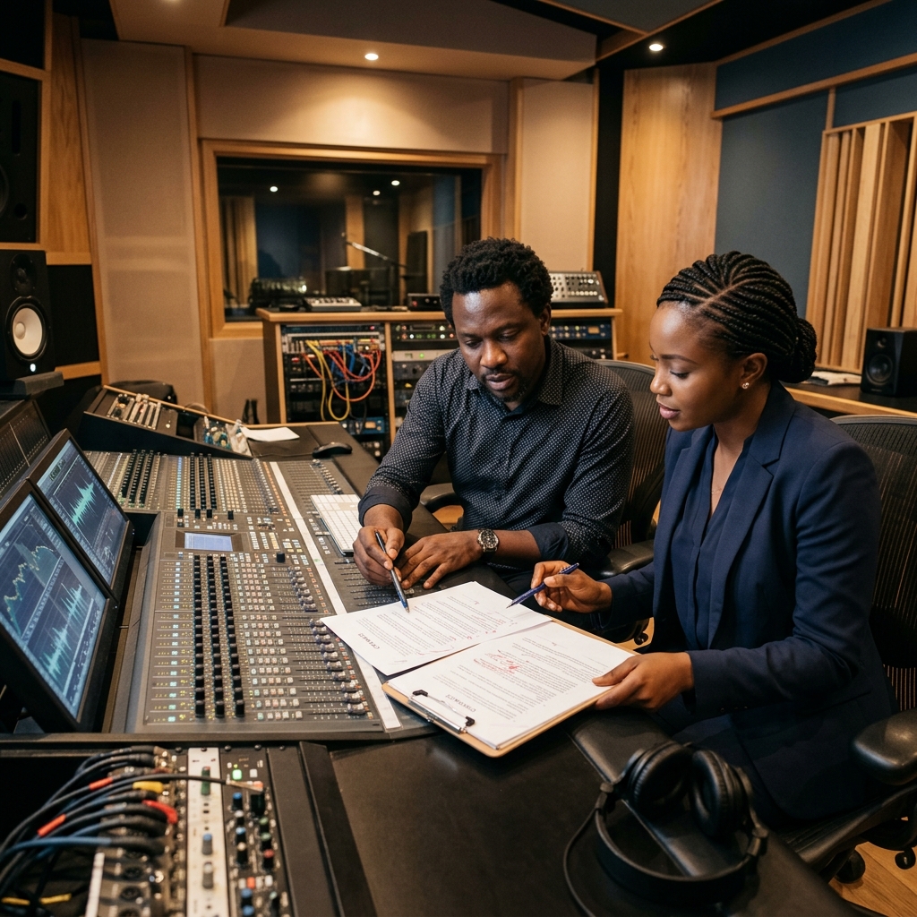 Black African legal and media advisors reviewing Nollywood film production contract details, featuring Medina Law Associates folder