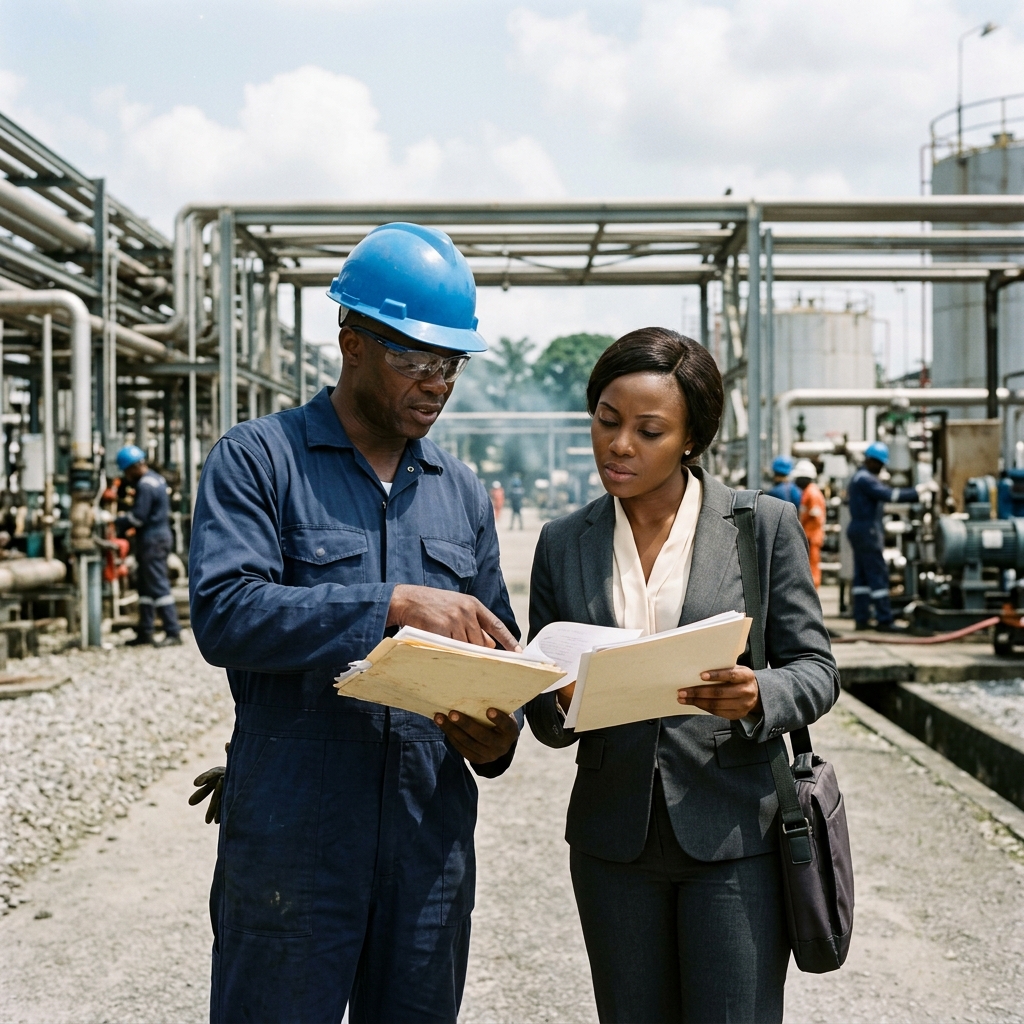 Black African female lawyer looking out of office window at offshore oil rig, featuring Medina Law Associates folder branding