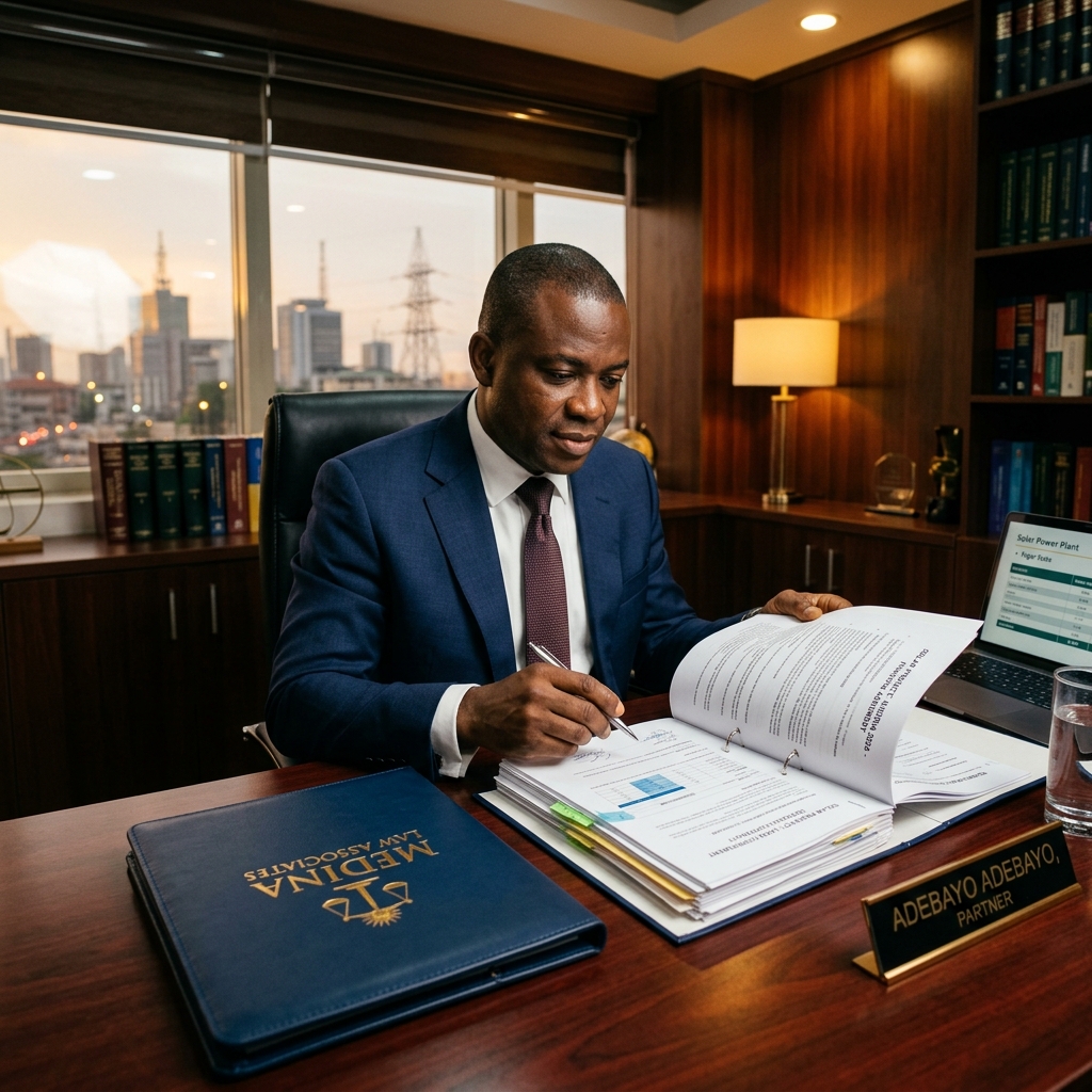 Black African male financial lawyer reviewing structured loan documents for a major solar infrastructure project, featuring Medina Law Associates folder