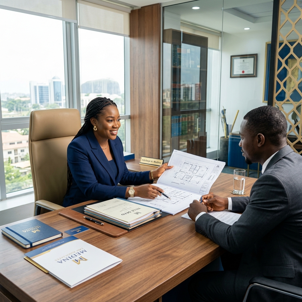 Black African female attorney in suit reviewing property deed documents with client in Abuja office, featuring Medina Law Associates folder