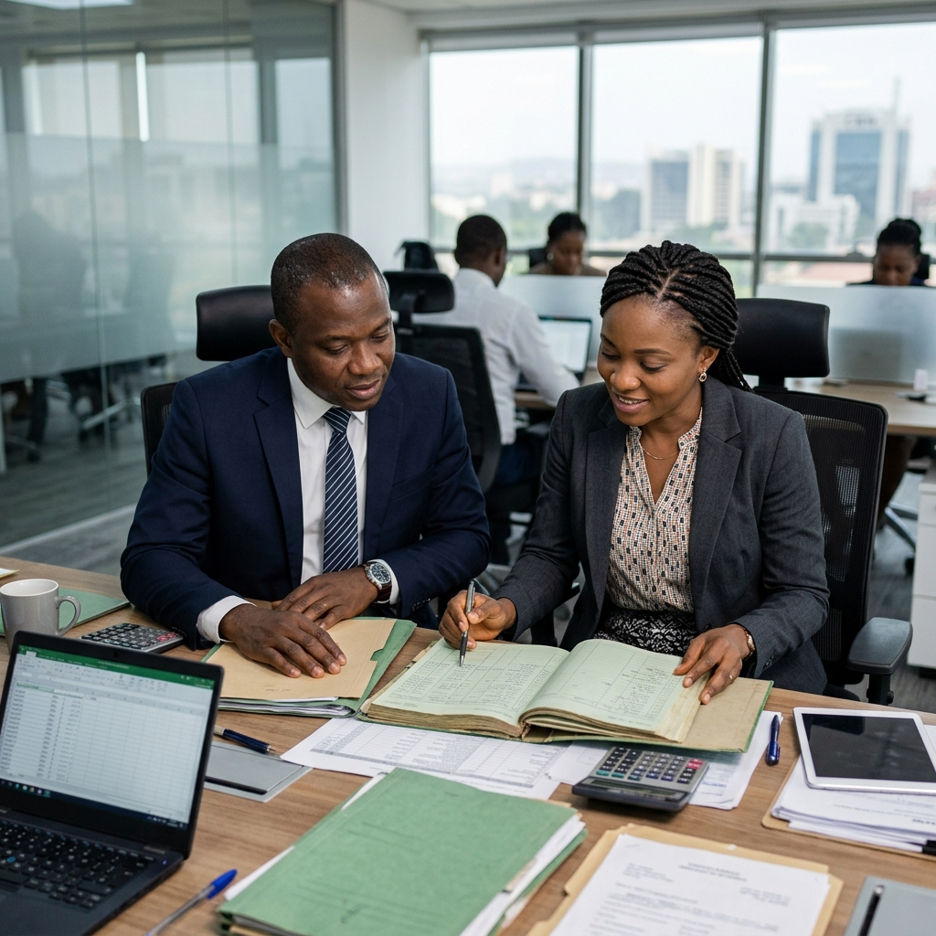 Black African legal and tax advisors reviewing financial audit files in Abuja boardroom, featuring Medina Law Associates folder