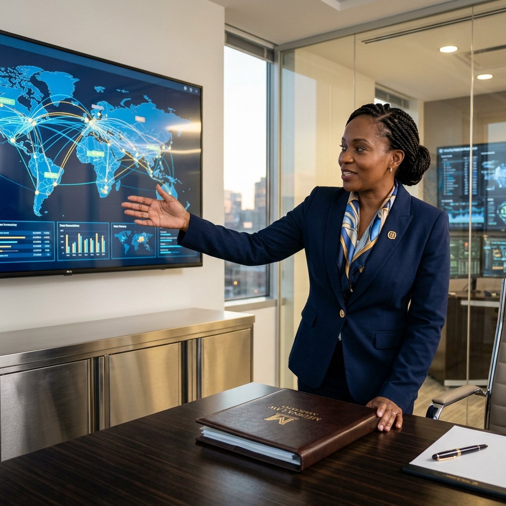 Black African female lawyer showing telecommunications network visualization screens, featuring Medina Law Associates folder branding